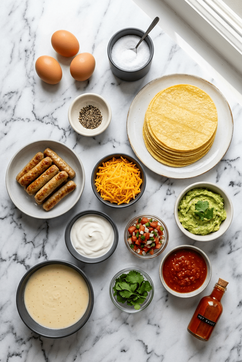 Ingredients for Egg and Sausage Breakfast Taquitos including corn tortillas, sausage links, and shredded cheddar cheese.