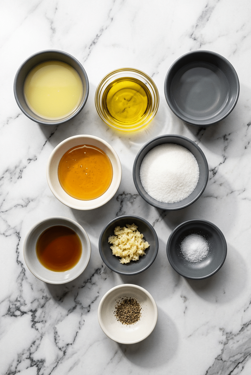 Overhead view of ingredients for Calamansi Vinaigrette, including fresh Philippine lime, extra virgin olive oil, and Dijon.