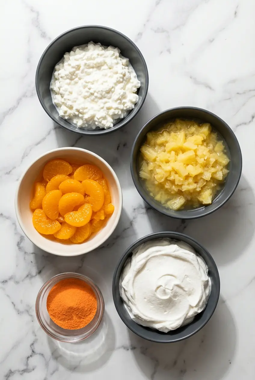 Raw ingredients for Cottage Cheese Jello Salad including small curd cottage cheese, dry Jello powder, and crushed pineapple.