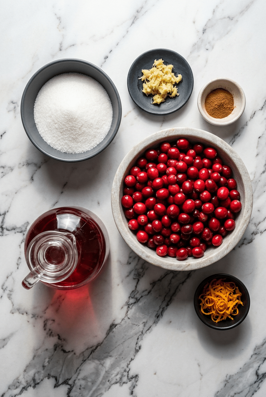 Overhead view of ingredients for cranberry relish recipe including fresh cranberries, orange zest, and fresh ginger on a marble surface