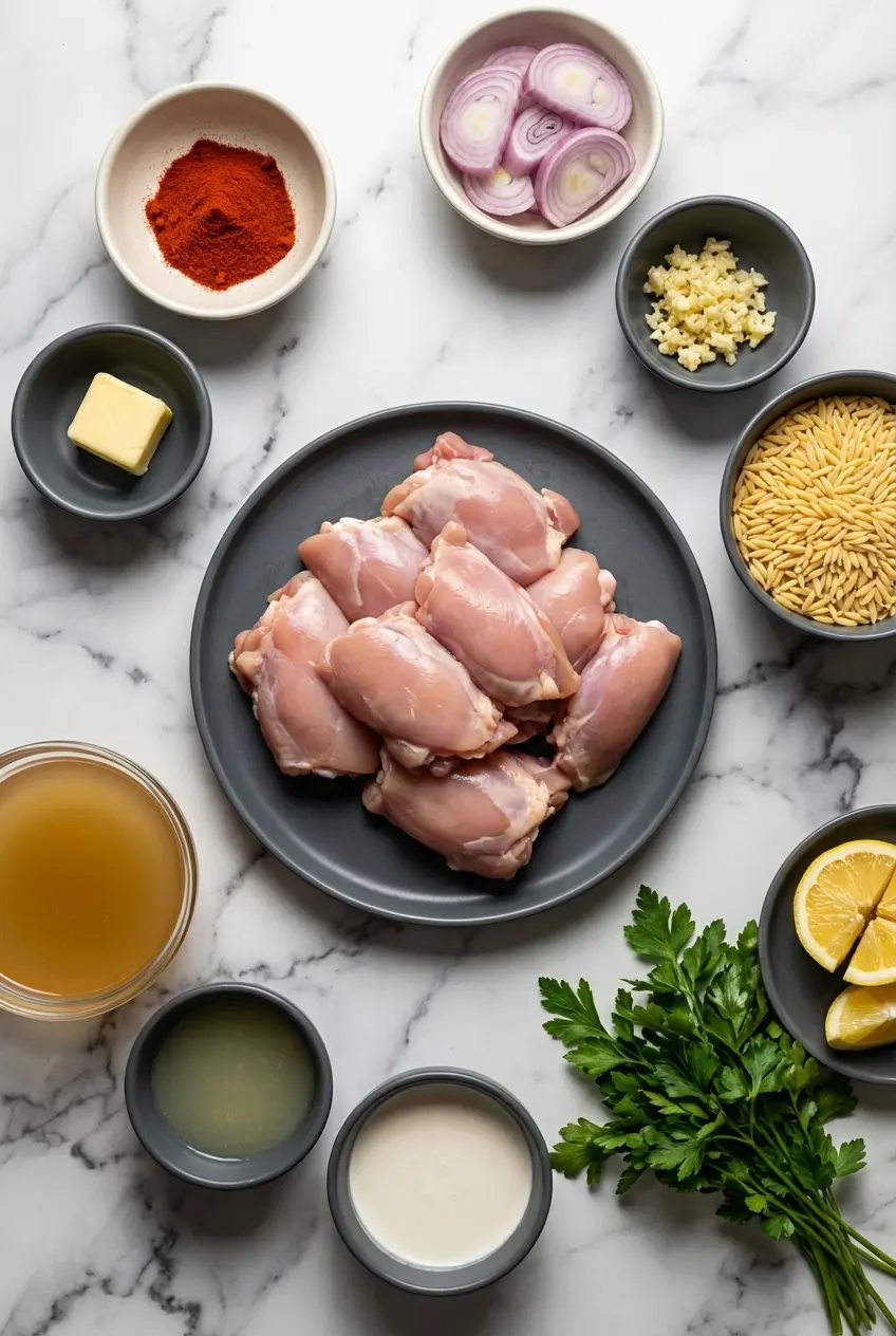 Flat lay of raw chicken thighs, orzo pasta, fresh lemons, and parmesan for Creamy Lemon Chicken Orzo.