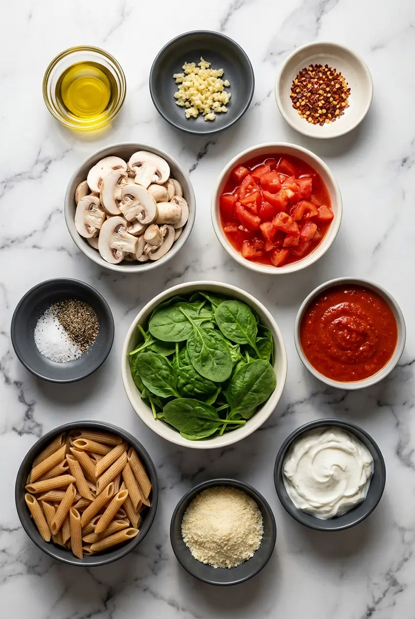 Flat lay of ingredients for penne rosa noodles including al dente penne, button mushrooms, fresh spinach, and heavy cream.