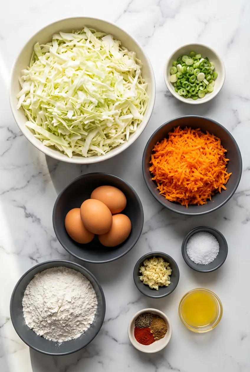 Raw ingredients for Cabbage Fritters including shredded cabbage, eggs as a binding agent, cornstarch, and soy sauce.