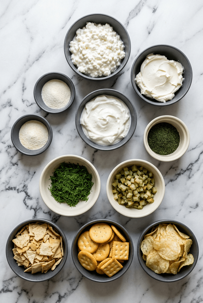 Overhead view of ingredients for Dill Pickle Dip including cream cheese, Greek yogurt, pickles, and fresh dill weed.