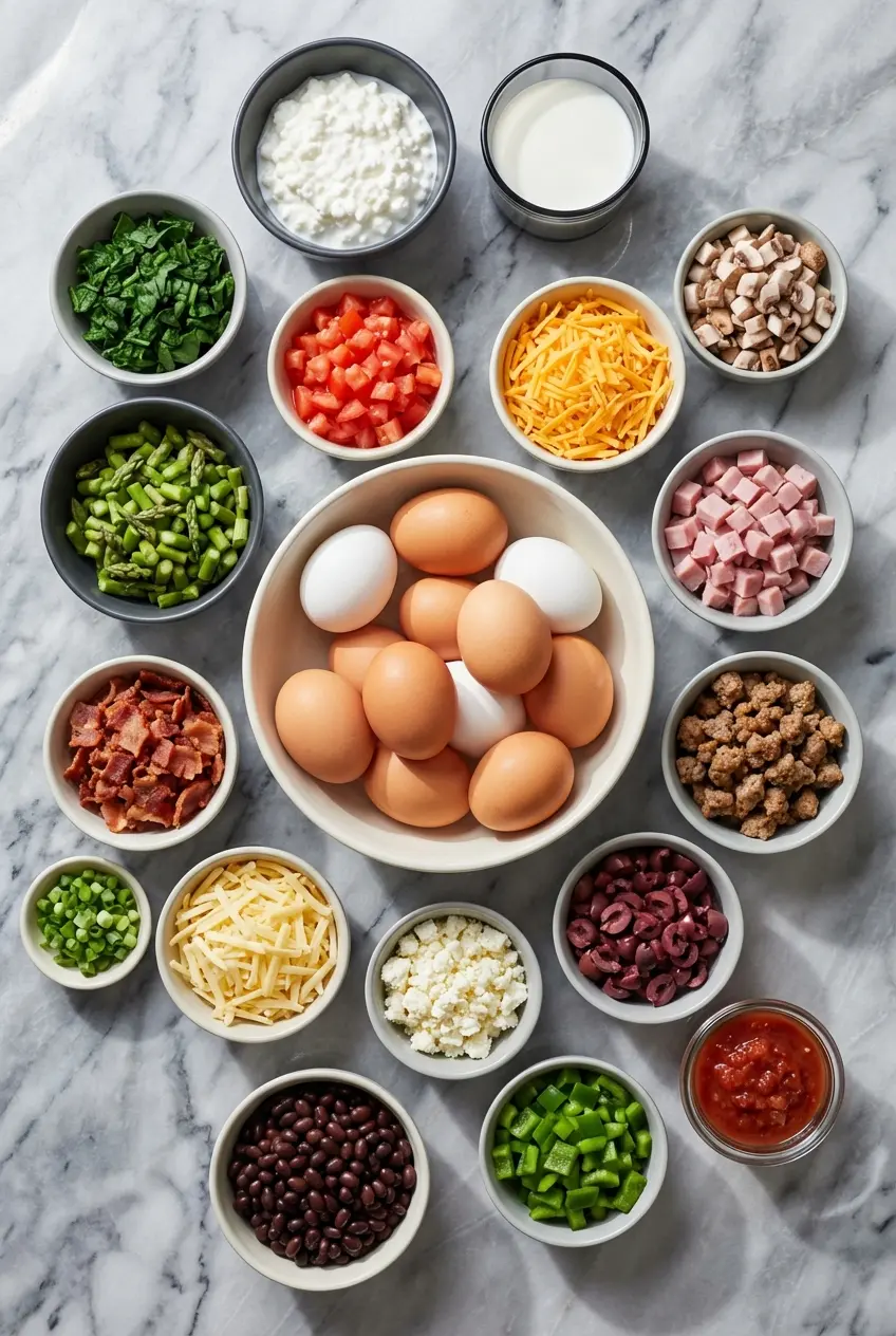 Flat lay of eggs, cottage cheese, and a muffin tin with silicone liners for keto-friendly egg muffins.