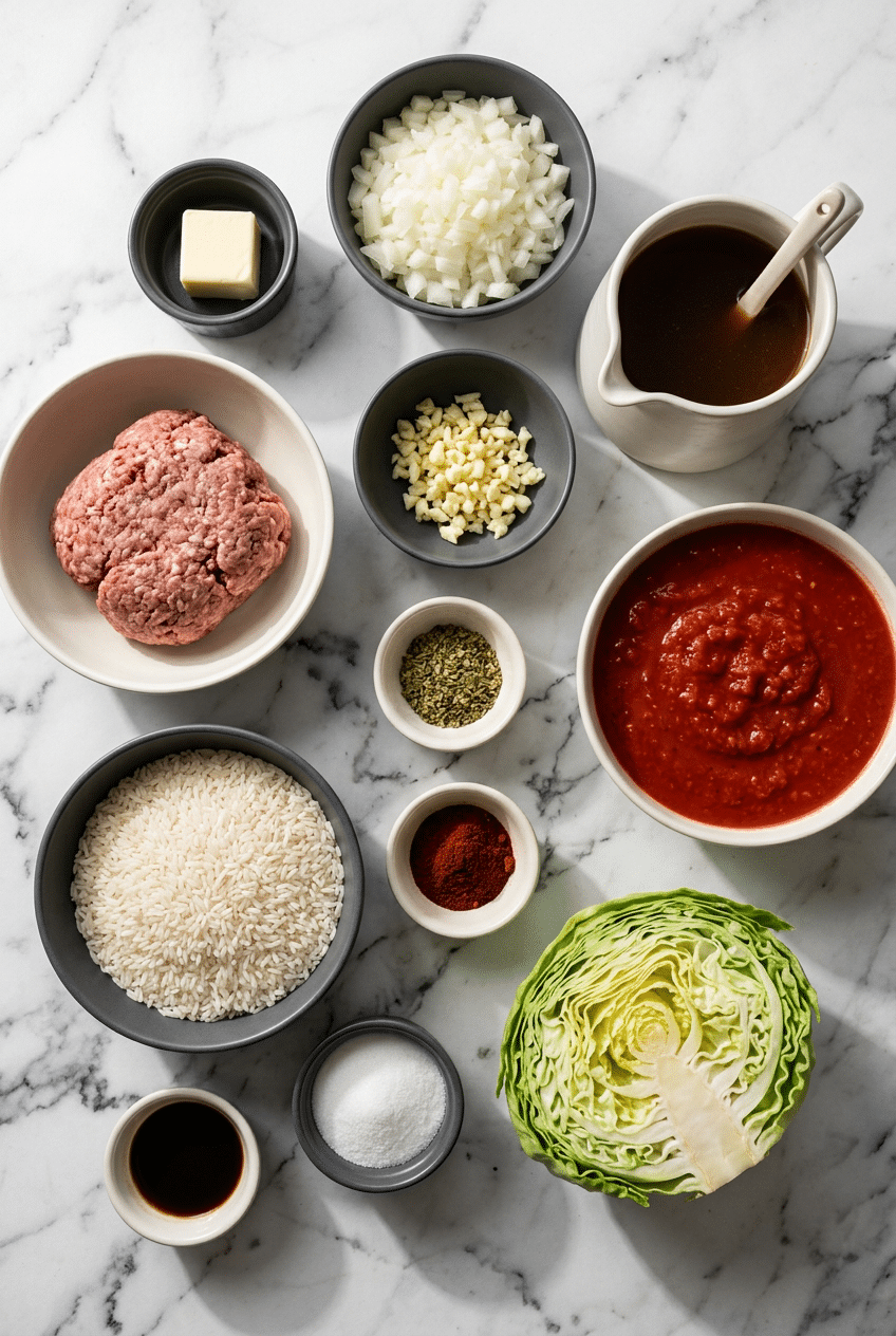 Flat lay of Golumpki Soup ingredients including Savoy Cabbage, ground veal, and rich tomato passata.