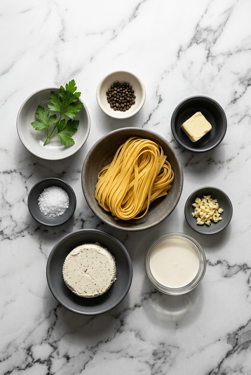 Gournay cheese, fettuccine, and aromatic garlic for boursin pasta arranged on a flat surface.