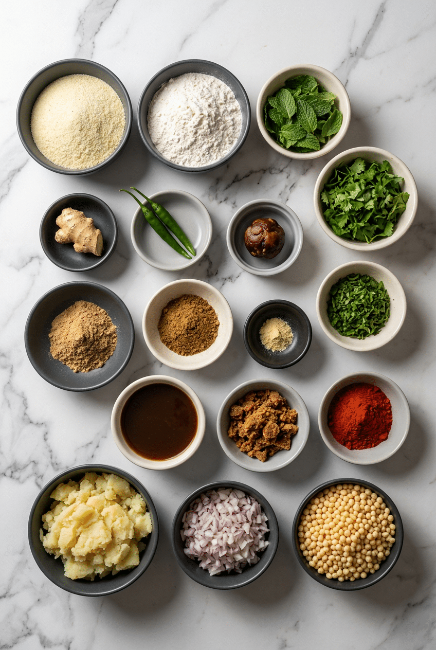 Fresh mint, tamarind chutney, chaat masala, kala namak, and rava laid out on a table for making a homemade Pani Puri Recipe.