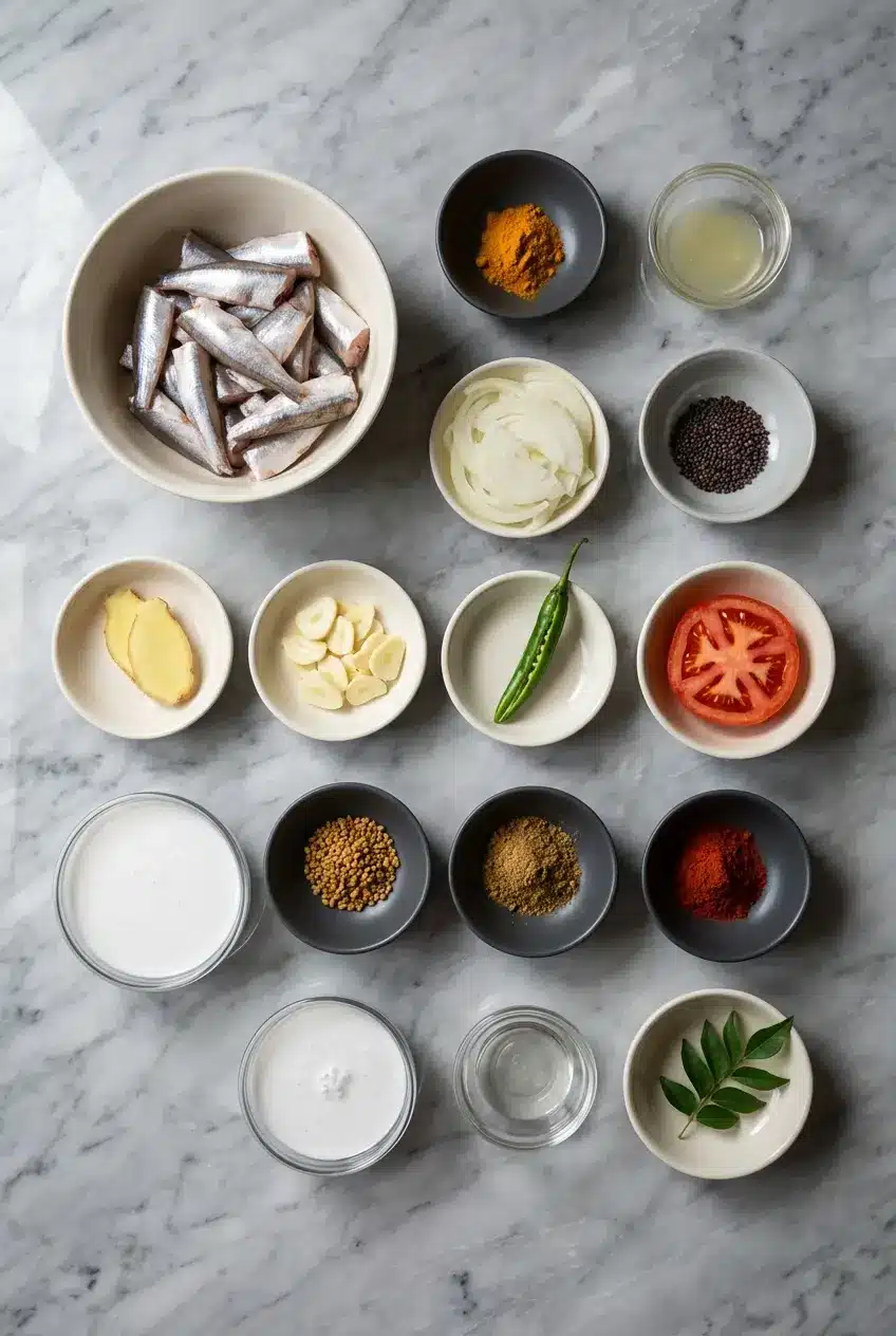 Raw ingredients for fish molly kerala recipe featuring seer fish, mustard seeds, curry leaves, and coconut milk.