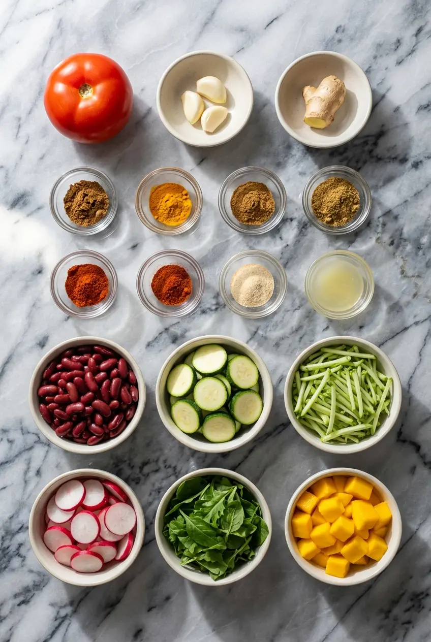 Flat lay of Kidney Bean Bowl ingredients including kidney beans, quinoa, mango salsa, and fresh garam masala spices.