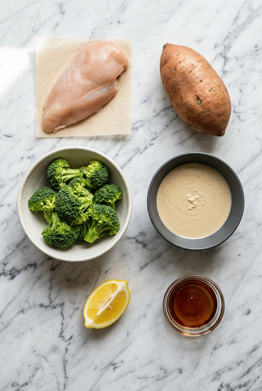 Overhead view of raw ingredients for tahini chicken bowls, including chicken thighs, tahini, lemon, sweet potatoes, and broccoli.