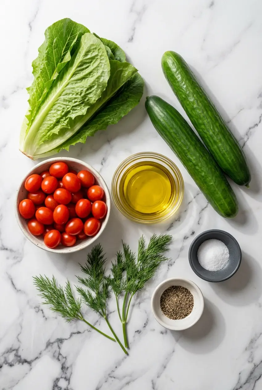 Fresh Romaine lettuce, cherry tomatoes, and Persian cucumbers arranged for a vibrant lettuce tomato and cucumber salad.