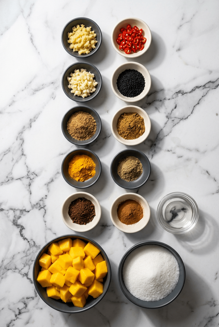 Overhead view of ingredients for a Mango Chutney Recipe including fresh Ataulfo mangoes, ginger root, and Nigella seeds.