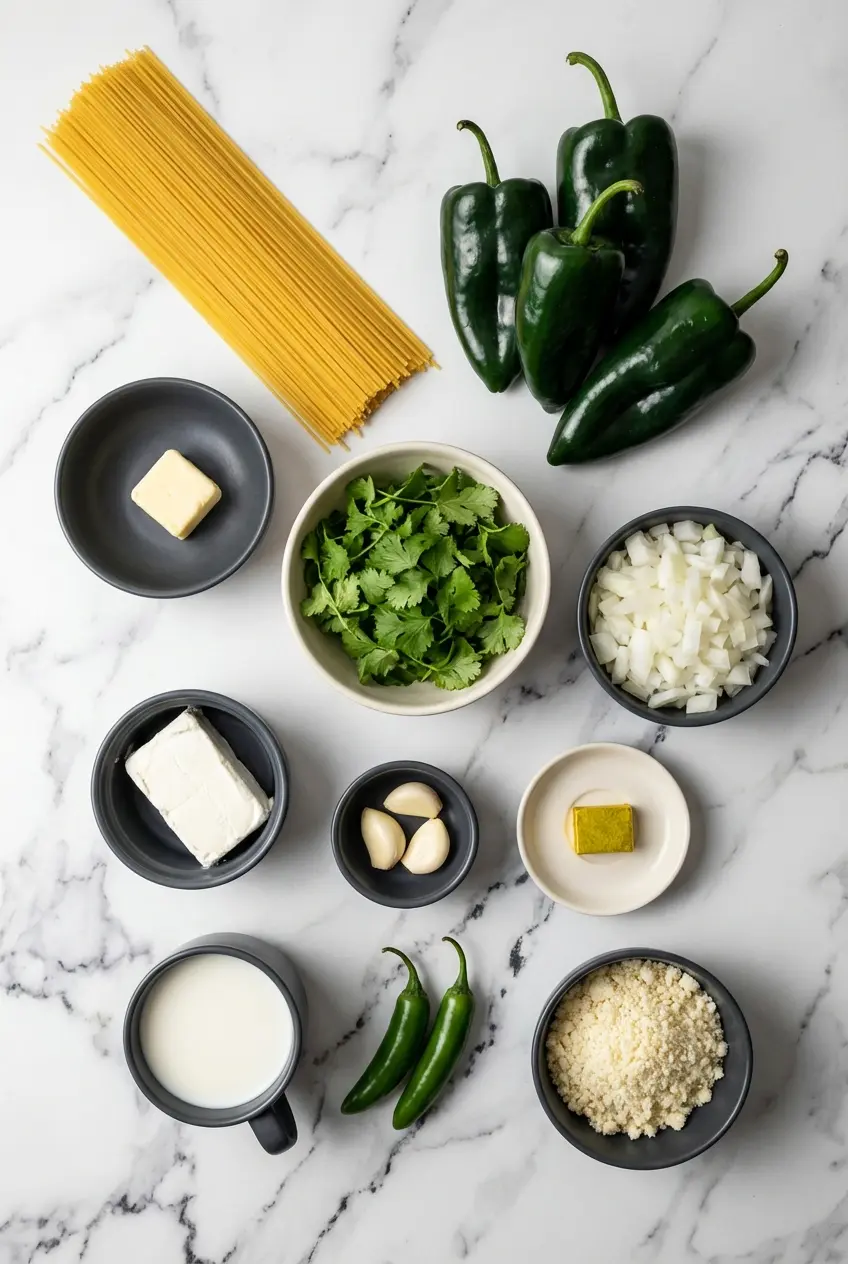 Ingredients for a Mexican green spaghetti recipe including fresh poblano peppers, crema Mexicana, cream cheese, and cilantro.