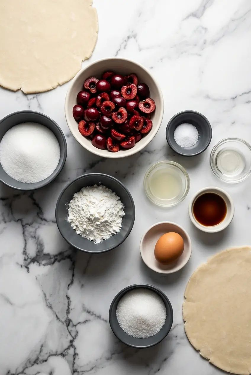 Raw ingredients for mini cherry pies including tart cherries, all-butter pie dough, cardamom, and almond extract.