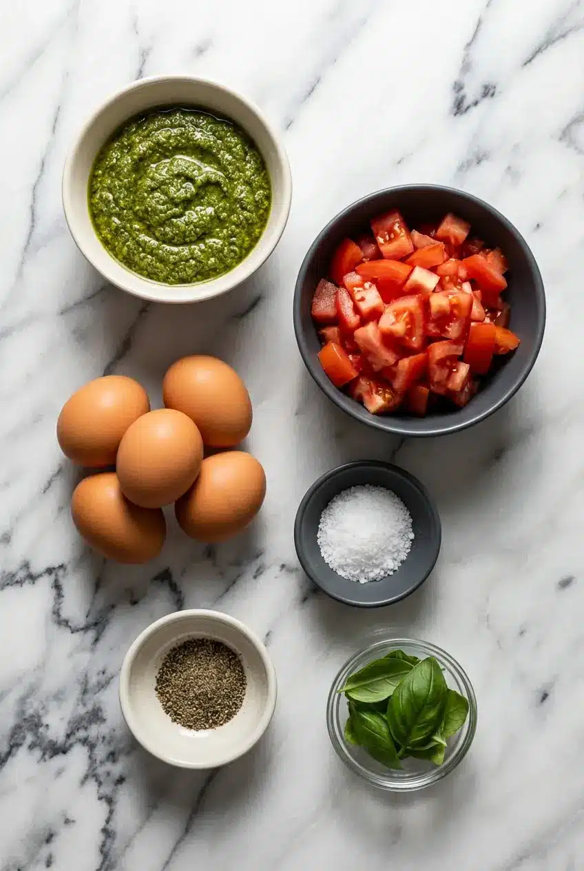 Overhead view of ingredients for a Pesto Eggs Recipe including fresh basil pesto, raw eggs, Parmesan cheese, and hot honey.