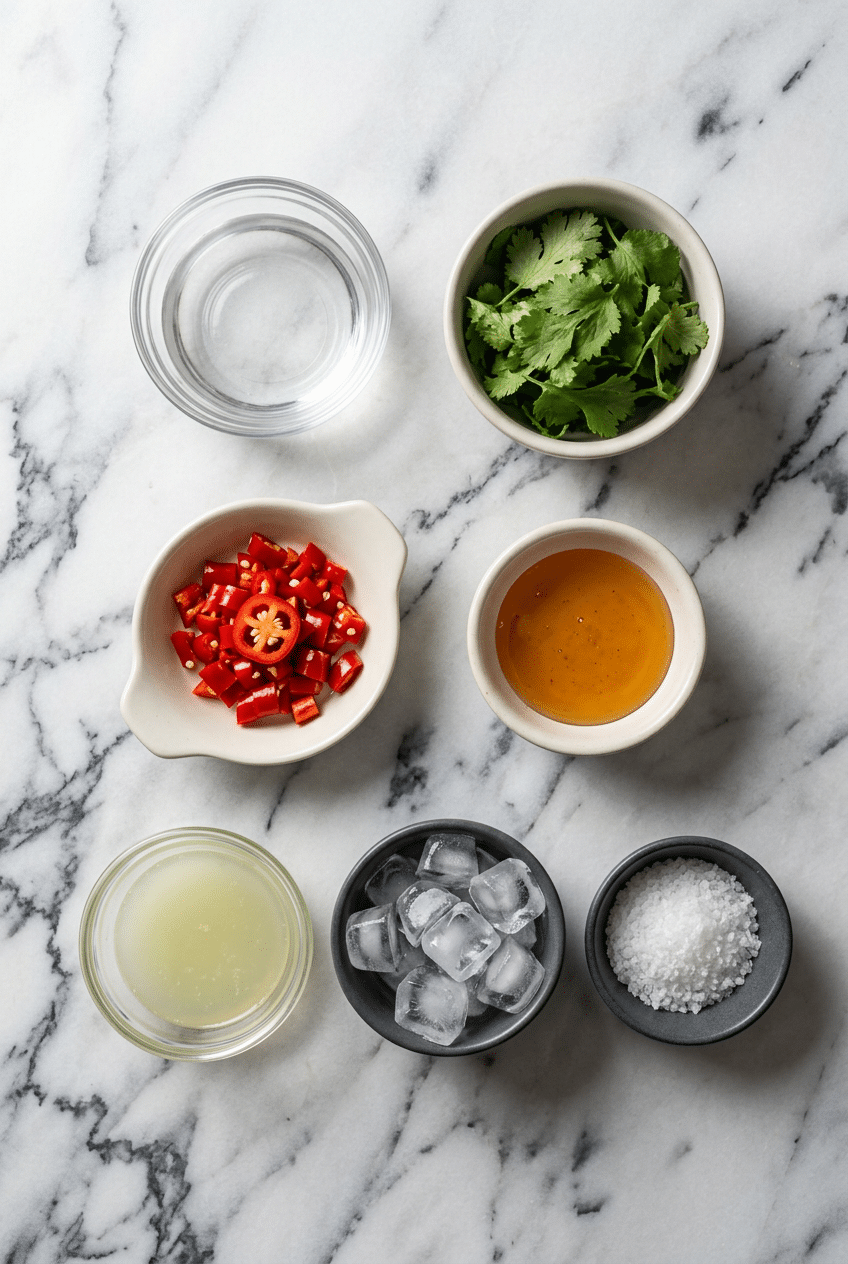 Overhead view of ingredients for a Picante Cocktail including Reposado Tequila, fresh cilantro, Fresno chili, and agave nectar.