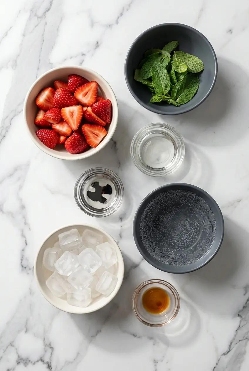 Fresh strawberries, simple syrup, lemon, and botanical water arranged on a counter to make a Pink Mocktail.