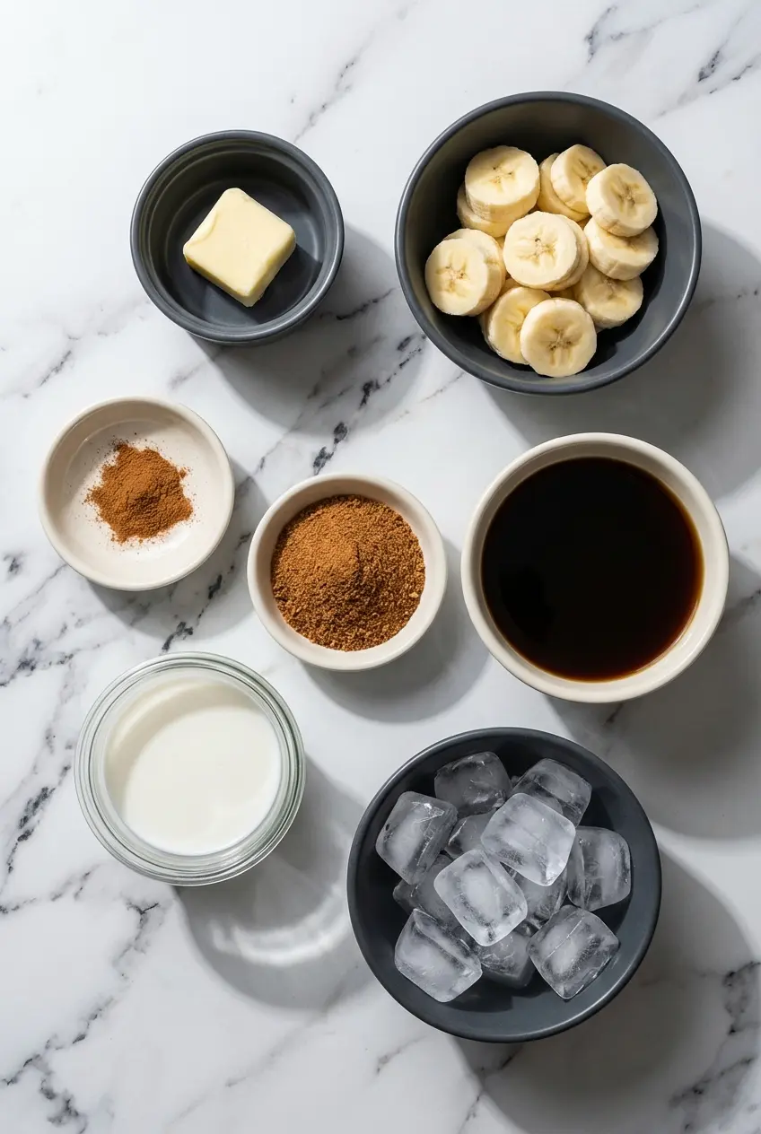 Flat lay of ingredients for Banana Iced Coffee including fresh fruit, plant-based milk, coconut sugar, and espresso shots.
