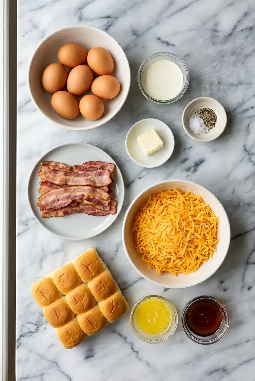 Ingredients for Crack Breakfast Sliders including King's Hawaiian Rolls, cheddar cheese, eggs, and heavy cream.