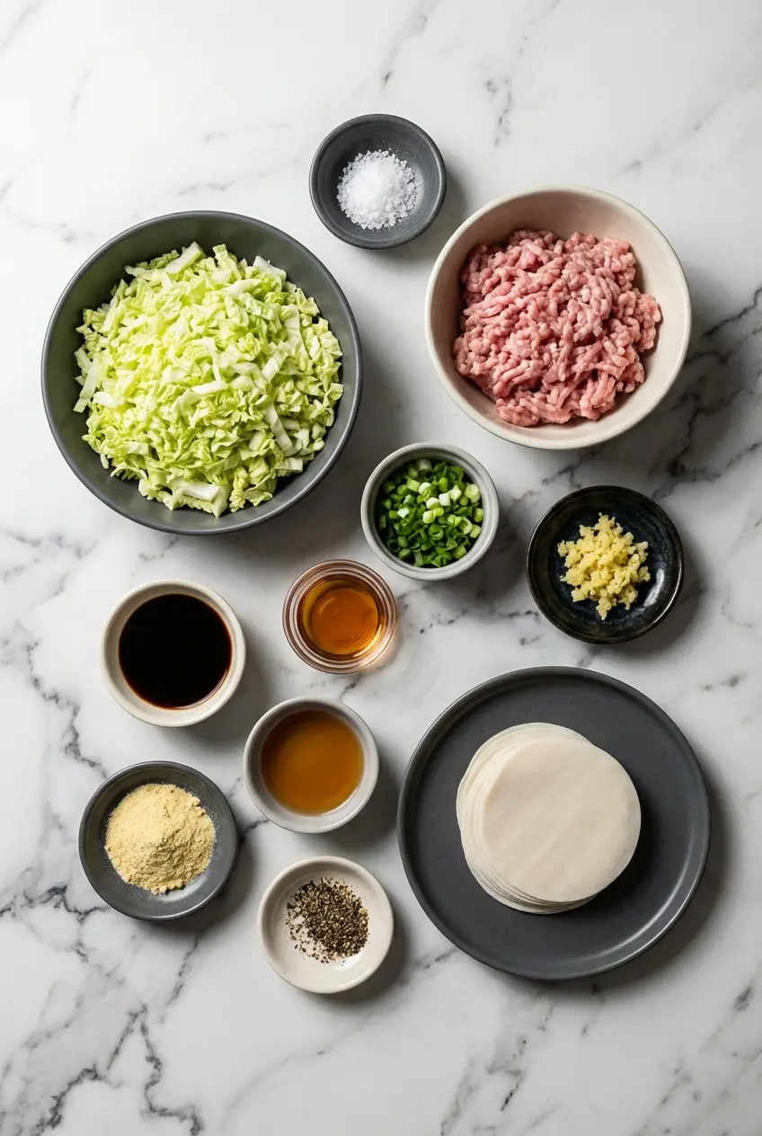 Flat lay of cabbage dumplings ingredients including fresh Napa cabbage, ground pork, dumpling wrappers, tamari, and sesame oil.