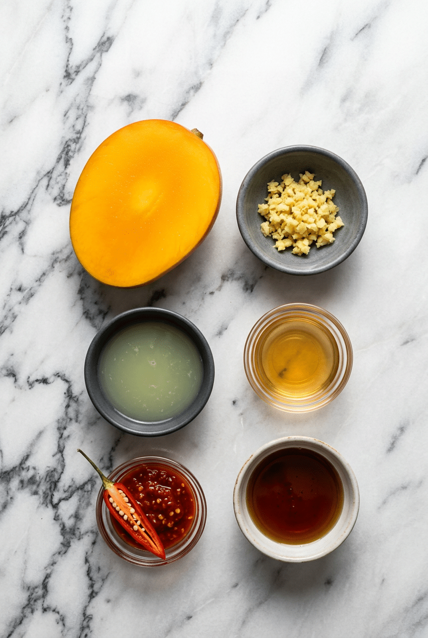 Fresh ingredients for sweet mango chili sauce including raw mango, Thai red chili, garlic cloves, and lime juice.