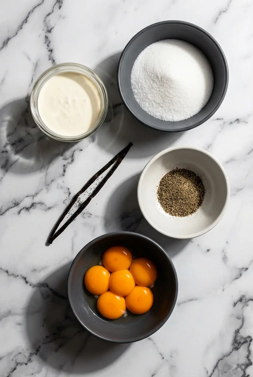 Overhead view of ingredients for Tahitian Vanilla Creme Brulee including egg yolks, heavy whipping cream, and superfine sugar.