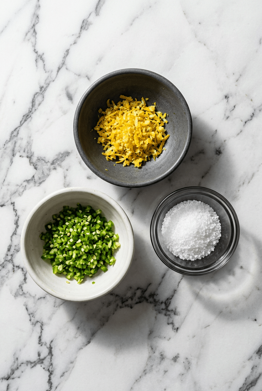 Overhead view of fresh yuzu, Thai chiles, non-iodized salt, and kombu powder ready for a yuzu kosho recipe.