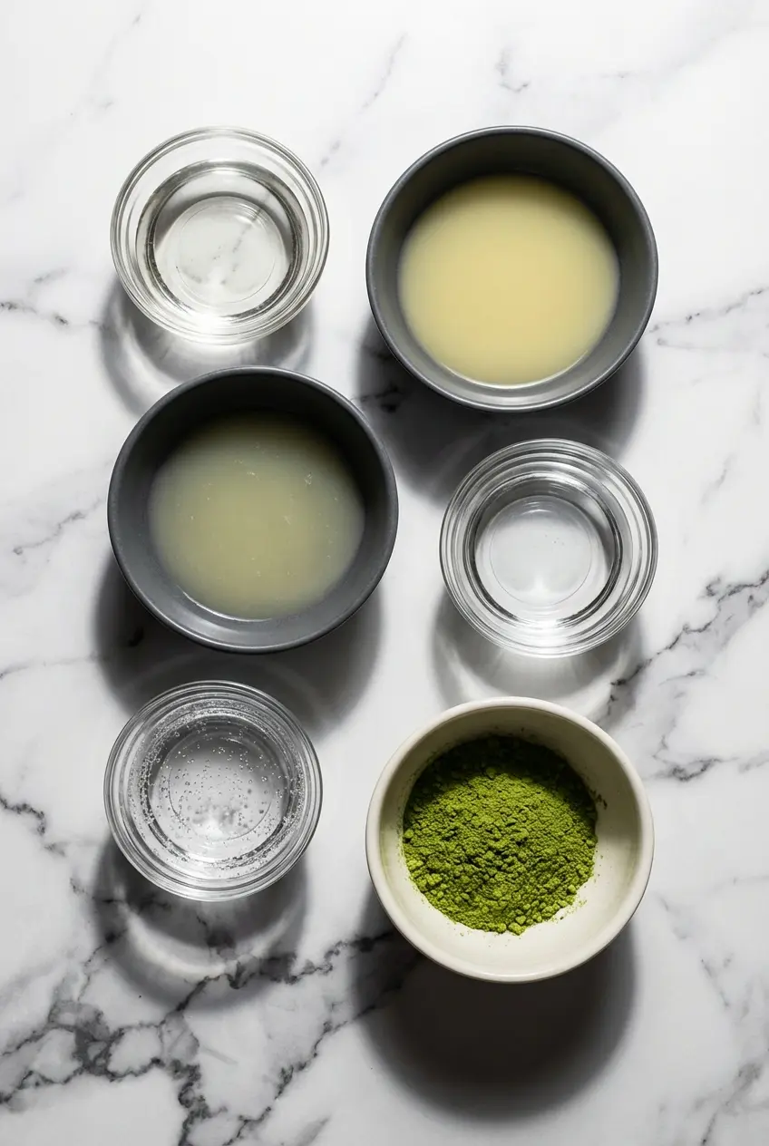Overhead view of ingredients for a yuzu lemonade recipe, including yuzu juice, fresh ginger, sparkling water, and sea salt.