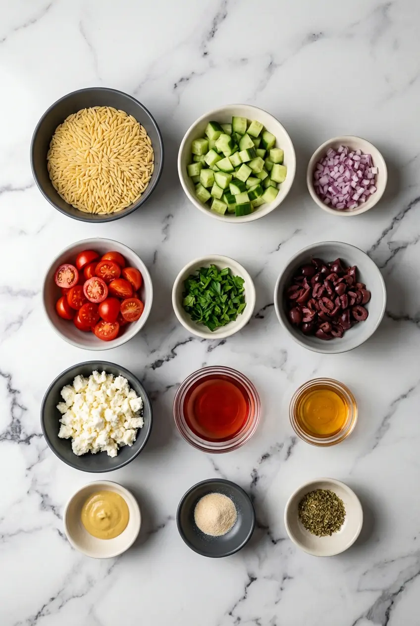 Flat lay of ingredients for a greek orzo salad recipe, including orzo pasta, Kalamata olives, English cucumber, and feta.