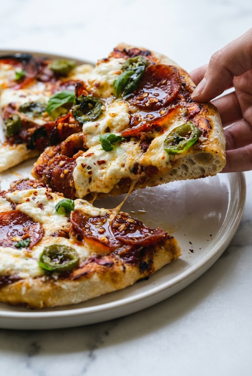 A golden, bubbling hot honey pizza recipe resting on a pizza peel right out of the oven.