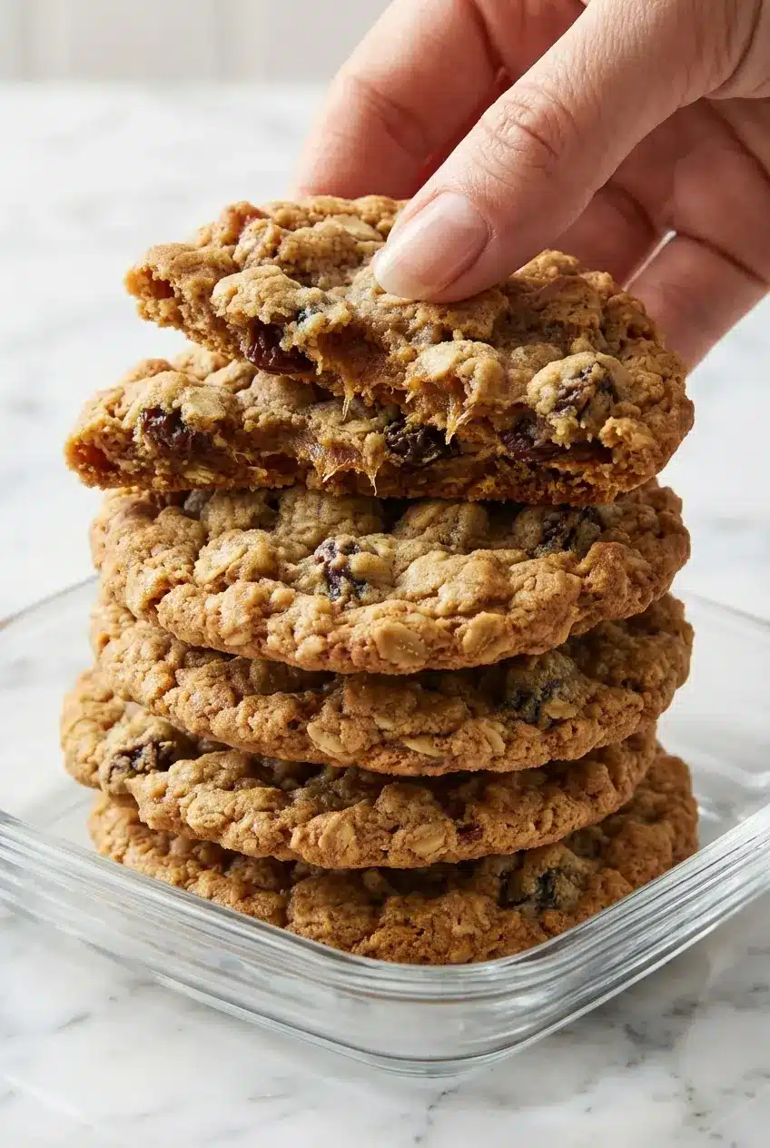 A freshly baked batch from this Oatmeal Cookies Recipe arranged beautifully on a rustic wooden table next to a glass of milk.
