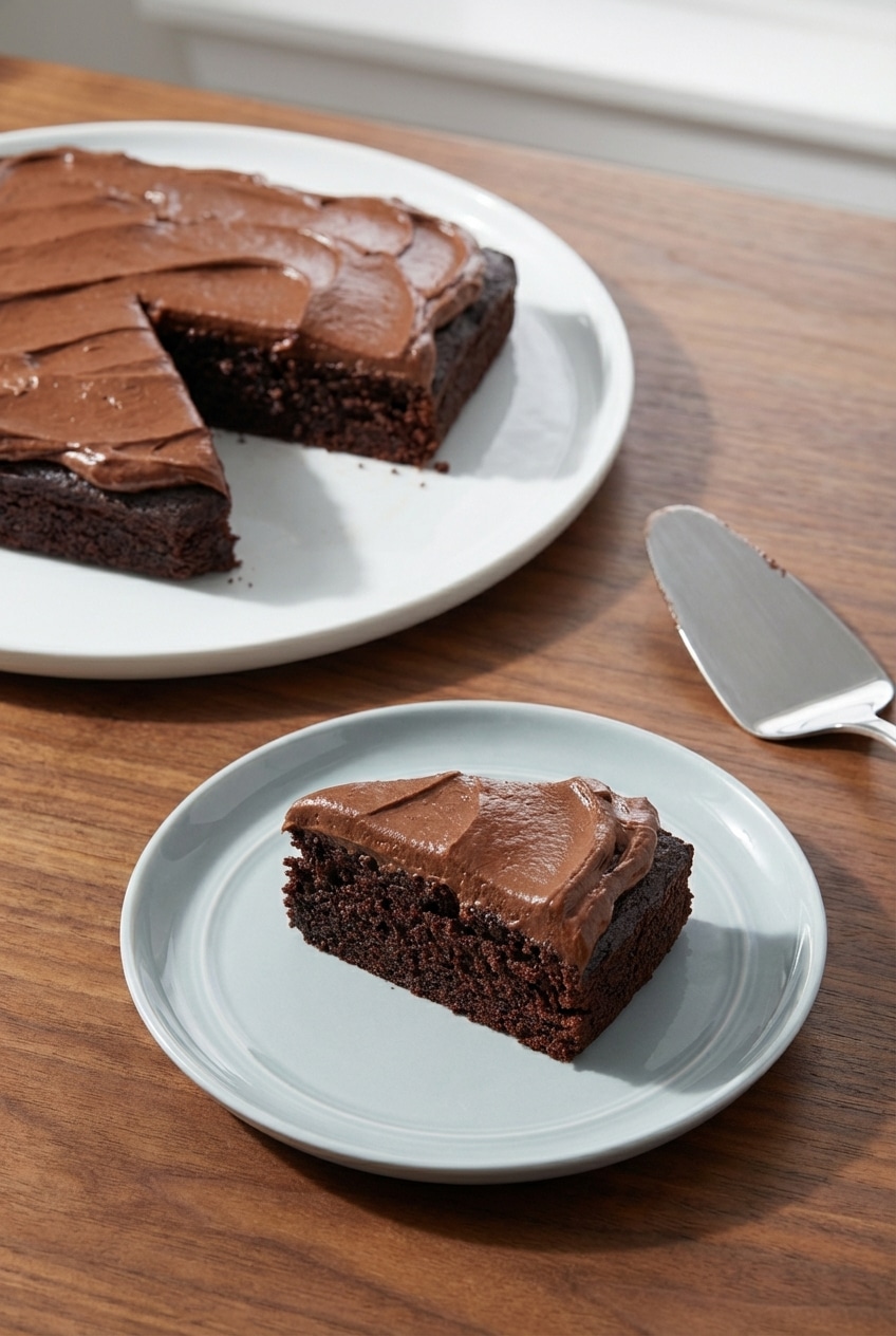 A whole 9x13 chocolate mayonnaise cake covered in rich brown butter frosting, ready to be served for a party.