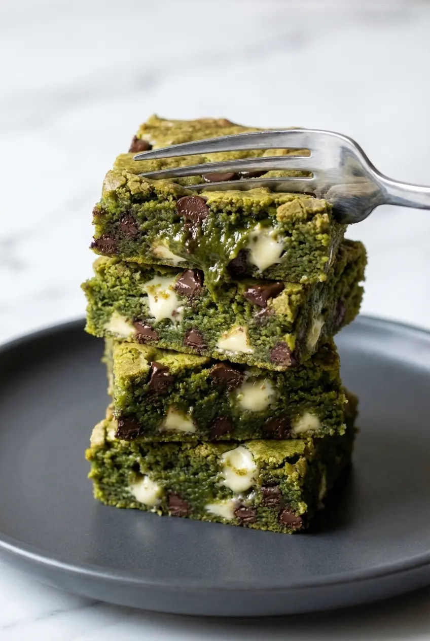 Close-up of a sliced matcha brownie recipe revealing a dense, fudgy texture and a shiny crackly top.