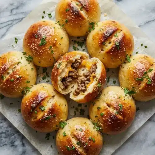 Golden Garlic Parmesan Cheeseburger Bombs featuring a hidden pickle brine burst for a tangy flavor surprise.
