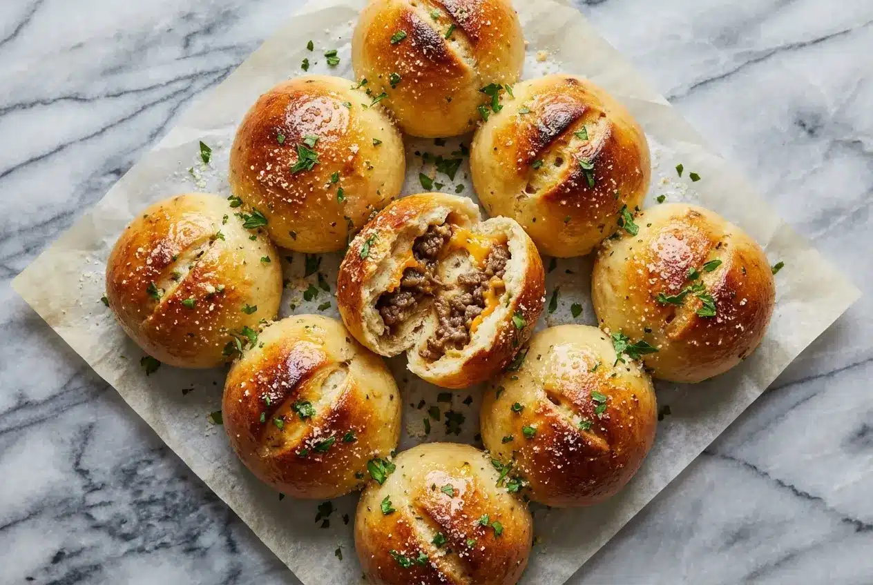 Golden Garlic Parmesan Cheeseburger Bombs featuring a hidden pickle brine burst for a tangy flavor surprise.