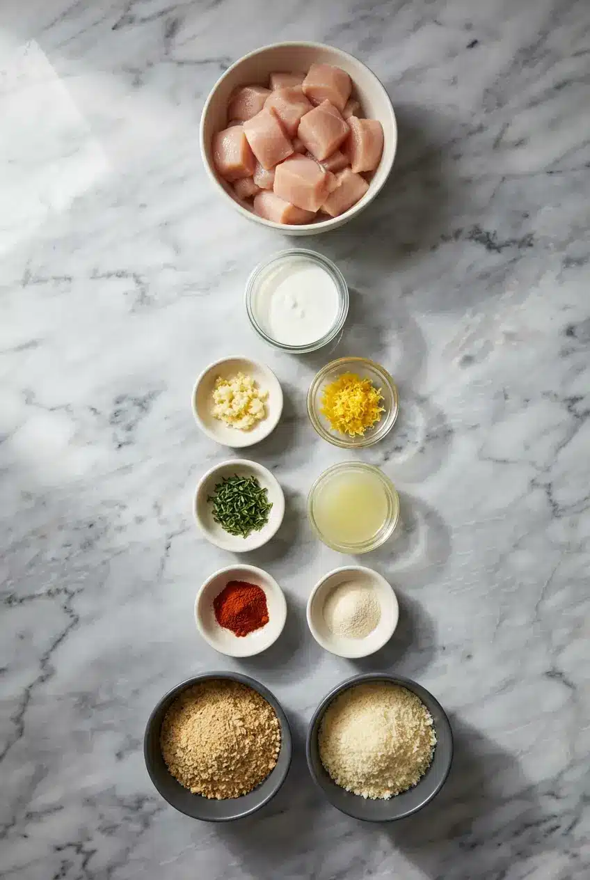 Fresh chicken breast, parmesan cheese, garlic cloves, and kefir marinade for Garlic Parmesan Chicken Skewers.