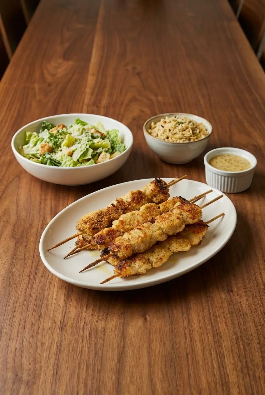 Served Garlic Parmesan Chicken Skewers with lemon zest garnish on a rustic platter.