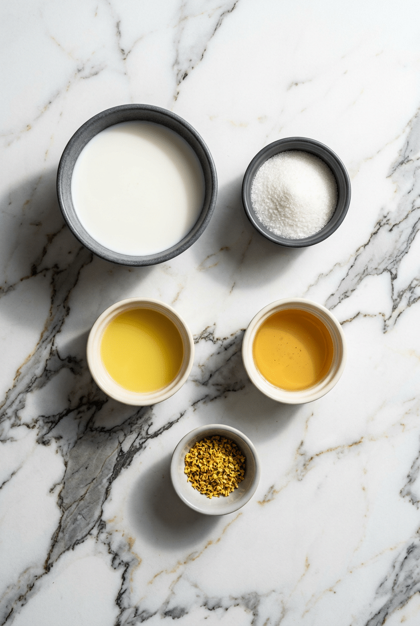 Ingredients for Ginger Milk Pudding including fresh ginger root, whole milk, dry milk powder, sugar, and a microplane.