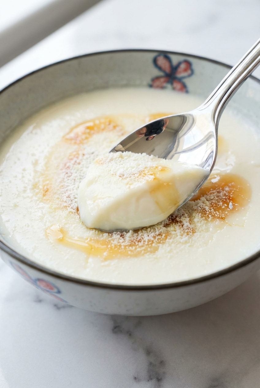 Close-up of a spoon resting on the surface of Ginger Milk Pudding to show the firm, smooth coagulation results.