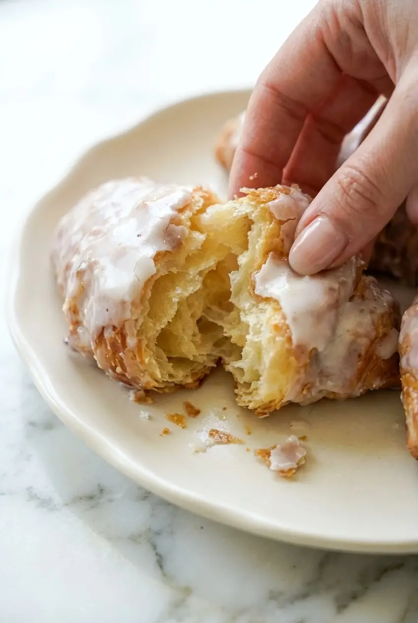 Close up of flakey layers in our glazed croissants recipe showing the perfectly set brown butter icing.