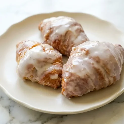 Golden oven-crisped glazed croissants recipe topped with a rich brown butter icing on a wire cooling rack.