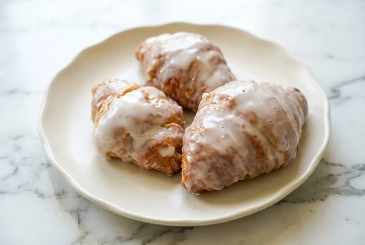 Golden oven-crisped glazed croissants recipe topped with a rich brown butter icing on a wire cooling rack.