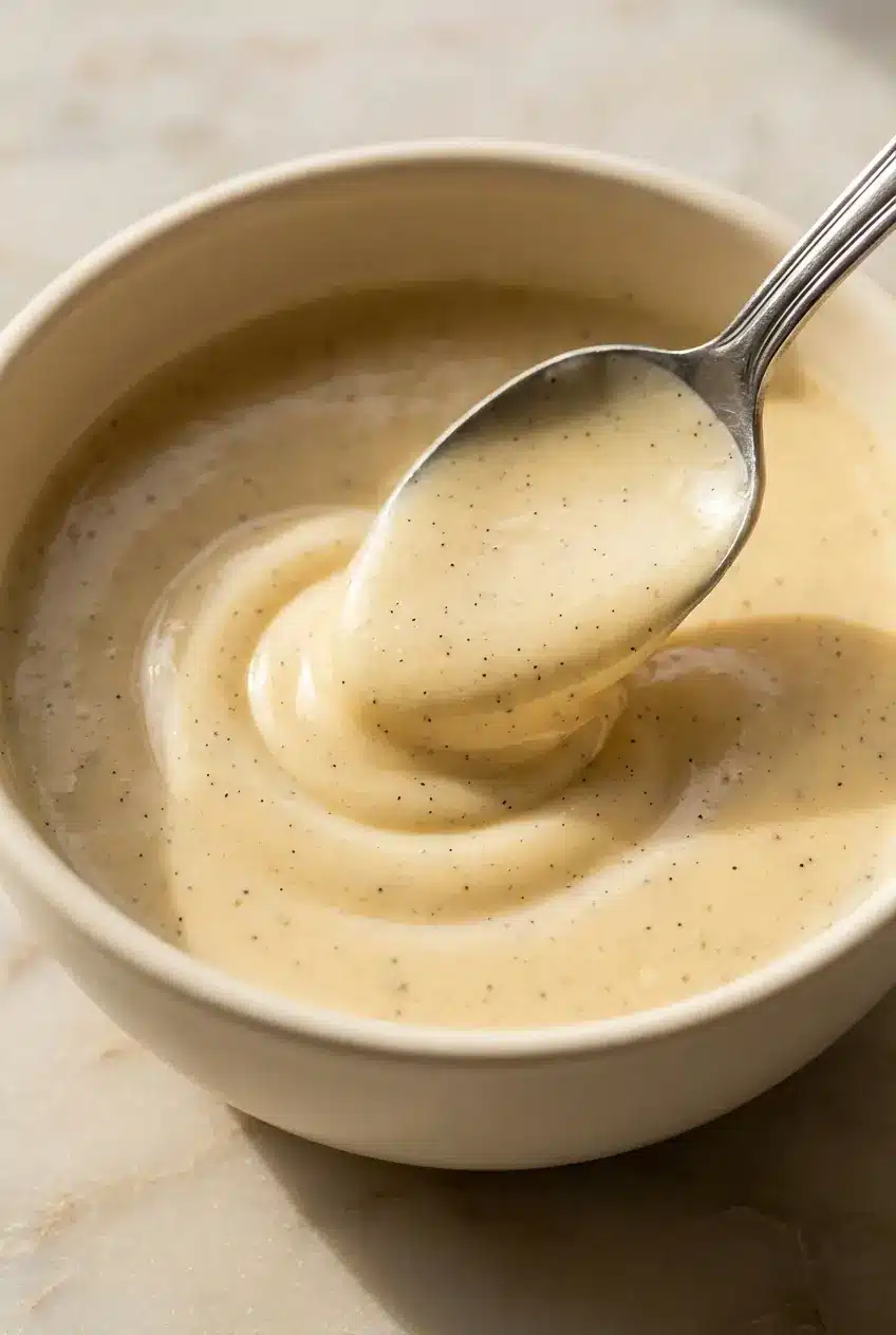 Cold butter melting into a warm Tahitian Vanilla Sauce Recipe, creating a glossy and velvety reduction sauce emulsion.