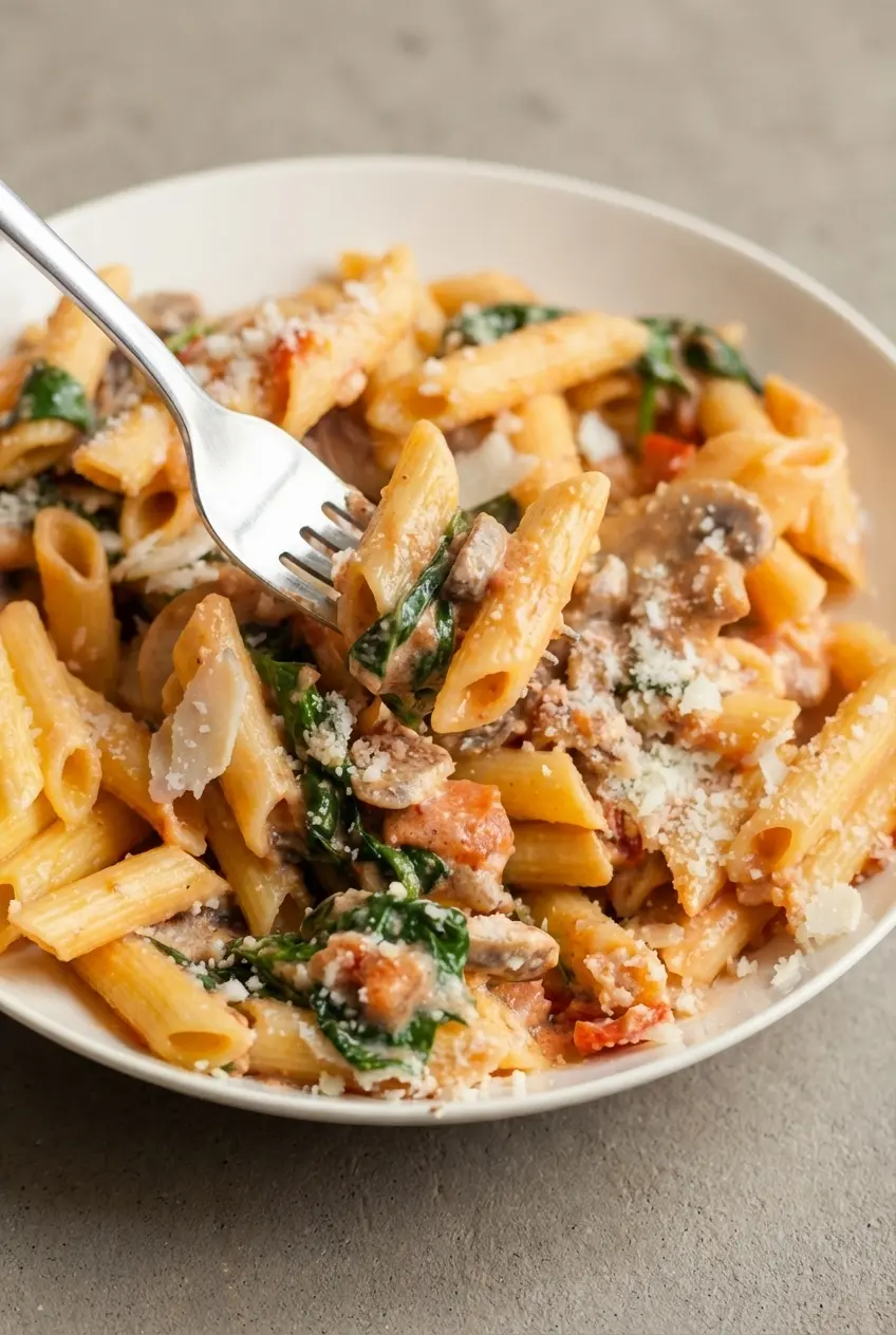 Tossing penne rosa noodles in a skillet with a glossy sauce emulsified with pasta water and heavy cream.