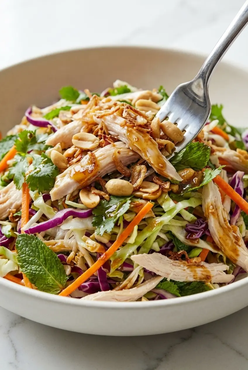 Close-up of crisp, purged cabbage and tender shredded chicken for this Goi Ga Recipe, sprinkled with fried shallots.