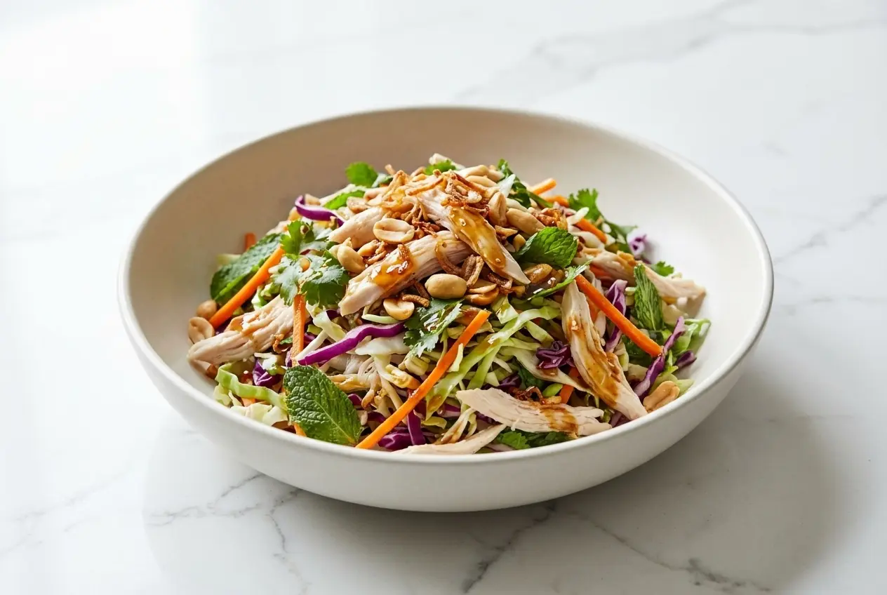 Vibrant Goi Ga Recipe featuring perfectly purged cabbage and double-dressed poached chicken topped with fried shallots.