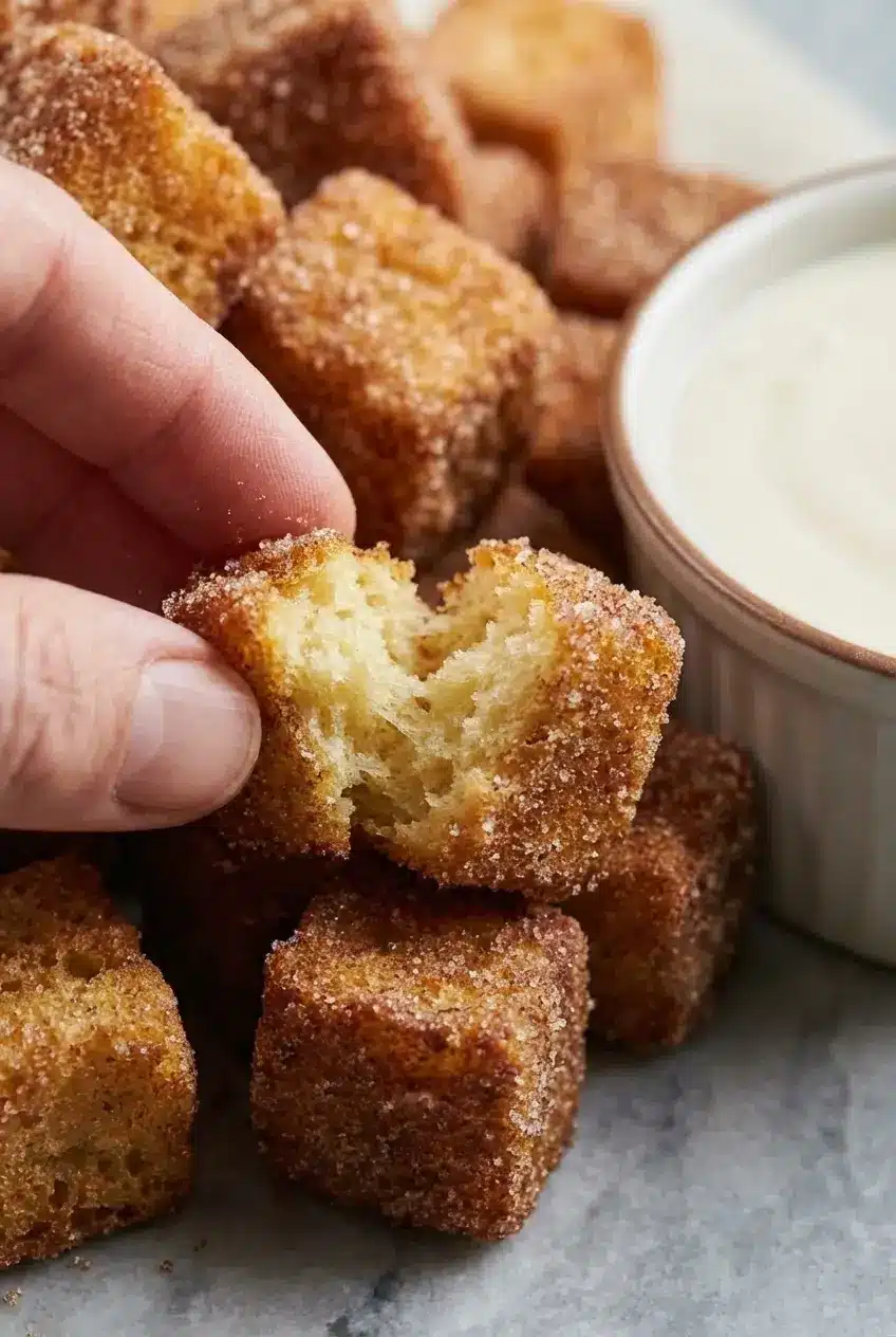 Close-up of golden brown Angel Food Cake Churro Bites Recipe showing a crispy cinnamon sugar coating.