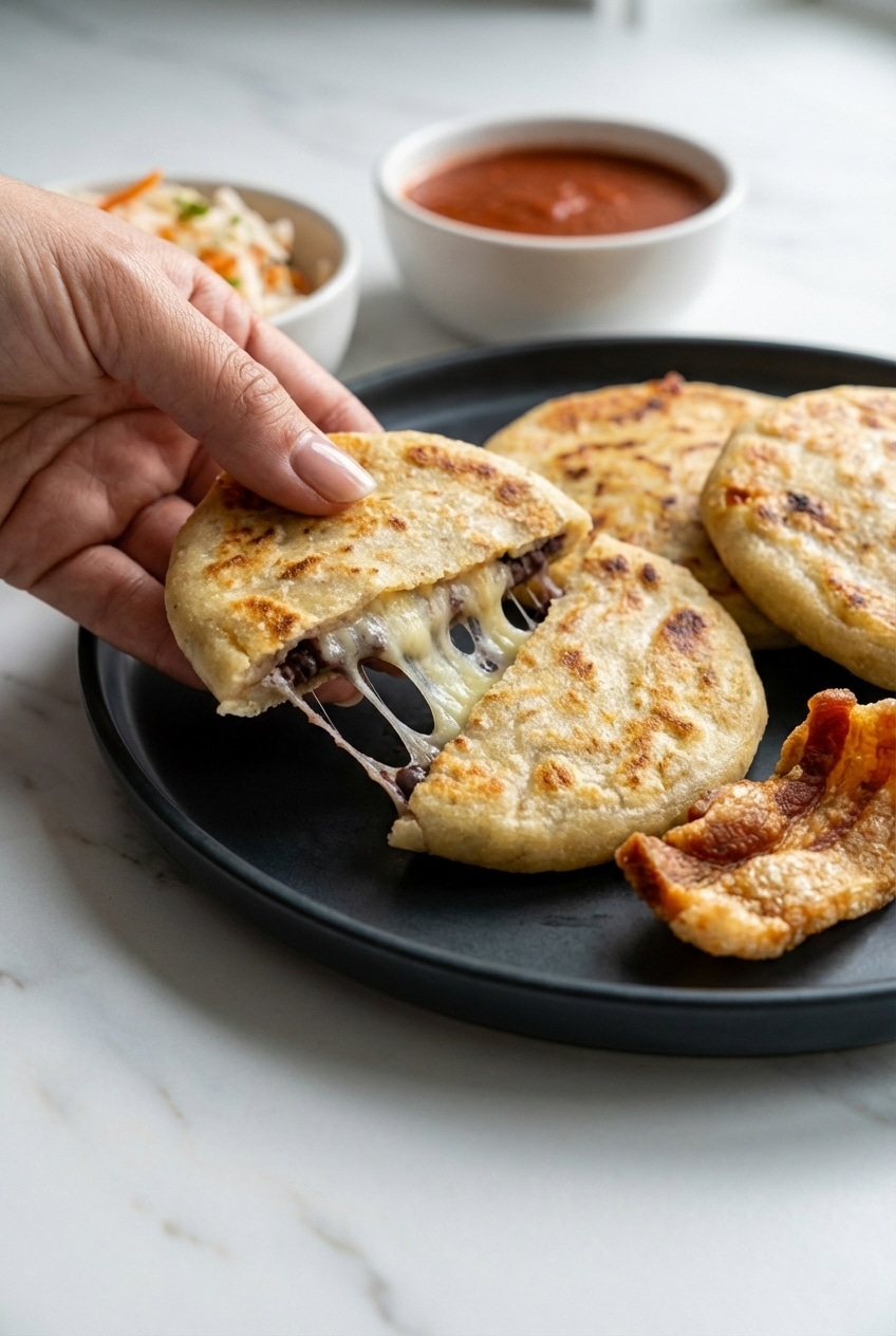 A close-up of a pupusa on a griddle, showing the golden, slightly blistered texture of this pupusas recipe.
