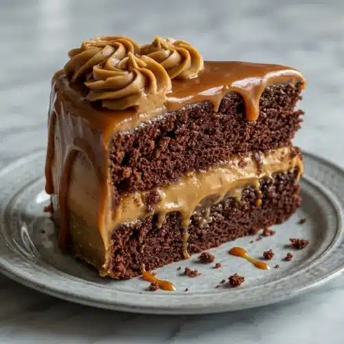 Gooey coffee caramel cake topped with a salted espresso toffee crunch on a dessert plate.